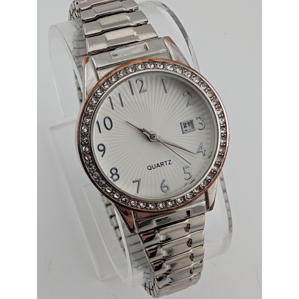 Accutime Watch Women 28mm Case Crystal Bezel Silver Stretch Band- New Battery